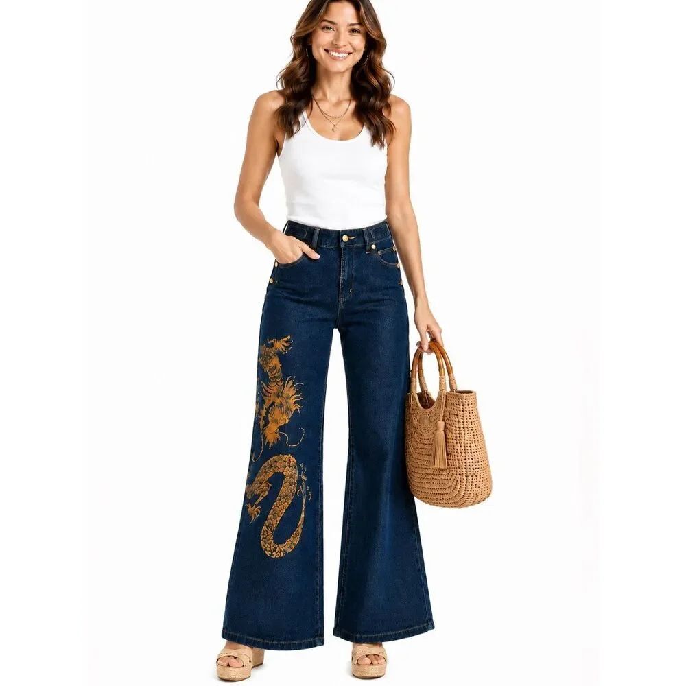 Lauren Jeans Co Dragon Print Wide Leg Sailor Jeans Gold Button Denim Sz 4 NWOT